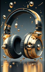 black and golden headphones with gold hues.. blasting sound waves and creating a force field