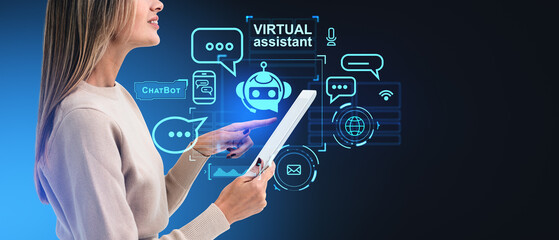 Woman with tablet and AI virtual assistant