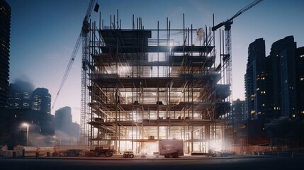 a construction site with cranes and buildings