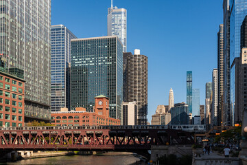 Chicago skyline and business skyscrapers, Wells Street Bridge