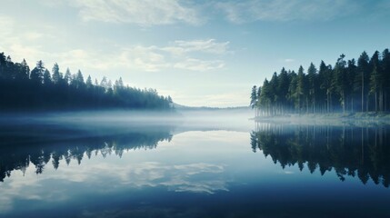 a lake with trees and fog - obrazy, fototapety, plakaty