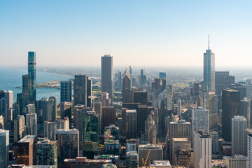 Fototapeta na wymiar Chicago skyline aerial view, lake Michigan and office skyscrapers