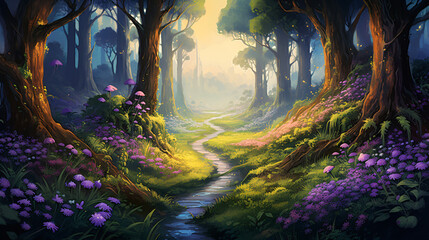 A painting of a path through a forest with purple