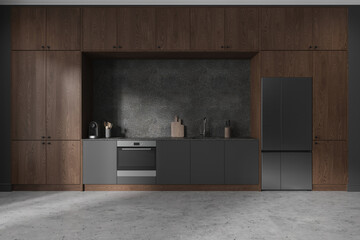 Wooden home kitchen interior cabinet with fridge and oven, kitchenware