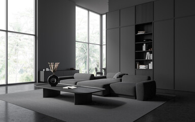 Grey hotel living room interior with relaxing and eating zone, panoramic window