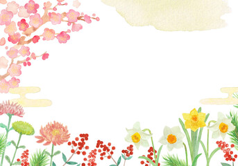 水彩絵の具で描いたお正月の花の背景イラスト