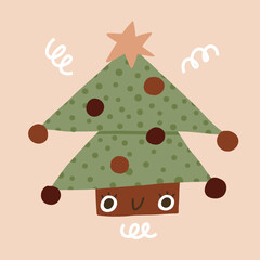 Cute Lovely Christmas tree with star and Christmas balls. Cartoon Christmas character. Happy Holidays - Merry Christmas and Happy New Year. Vector print.