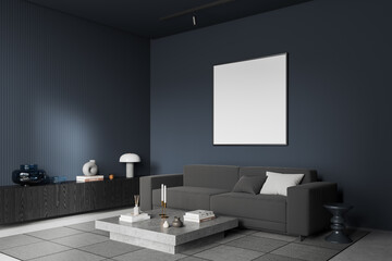 Blue home living room interior with relax place and decoration, mockup frame