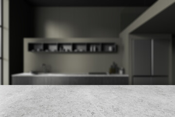 Grey stone countertop on background of kitchen interior with kitchenware. Mockup