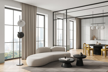 Elegant home studio interior with chill and eating corner, panoramic window