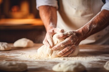 Close-up of skilled hands expertly kneading dough