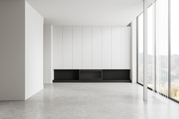 Empty white room interior with fireplace