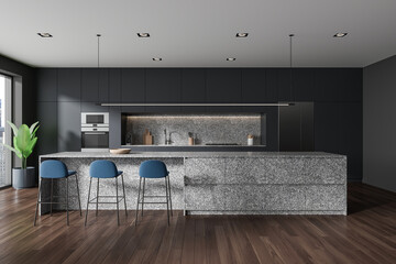Gray kitchen interior with cabinets and island