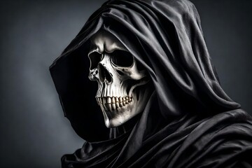 close up, Grim Reaper isolated on gray background. 