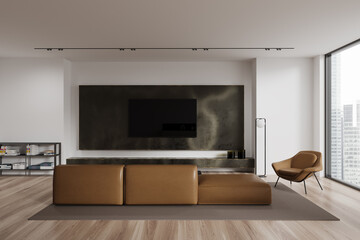 White living room interior with sofa and TV
