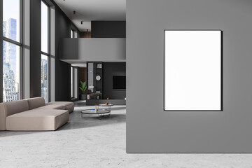 Grey home interior living room with sofa and tv console, window and mockup frame