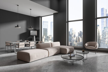 Grey home living room interior with relaxing and dining zone, window