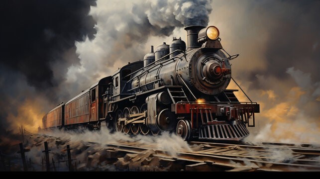 A painting of a steam engine train with smoke billow