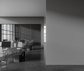 Grey business interior with coworking and conference space, window. Mock up wall