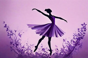 A delicate paper-cut silhouette of a ballerina in shades of purple gracefully pirouetting against a light lavender background. - obrazy, fototapety, plakaty
