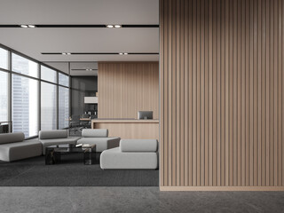 Gray and wooden office interior with reception and armchairs