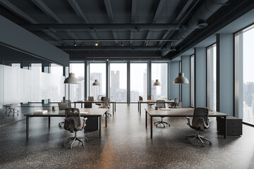 Blue office interior with coworking and conference space, panoramic window