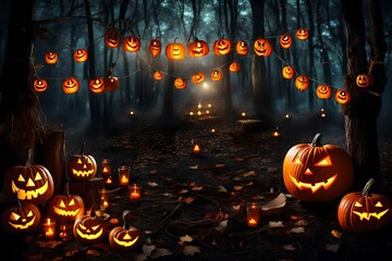Halloween party. Wooden banner with pumpkin head jack lanterns, burning candles, bats in dark spooky mystery forest at Halloween night. invitation ,digital view. 