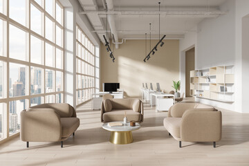 White and beige open space office with waiting room