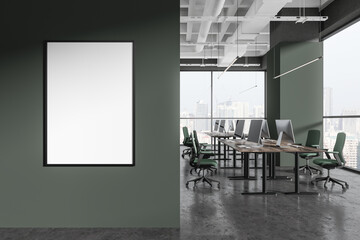 Green office interior with pc desktop and panoramic window. Mockup frame