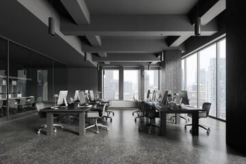 Fototapeta na wymiar Gray open space office interior with wooden columns