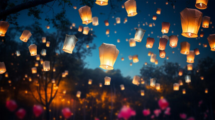 Fototapeta premium Lantern Festival background, Shangyuan Festival China. Magical flying lanterns in the colorful sky. beautiful lights sparkling. Chinese festive background
