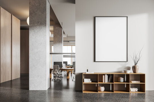 Cozy office room interior with coworking area and panoramic window. Mockup frame