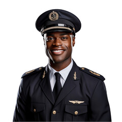 Black Pilot in Uniform Isolated on Transparent or White Background, PNG