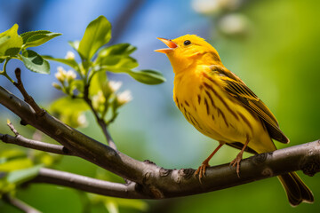 Yellow bird sitting on branch of tree with leaves.