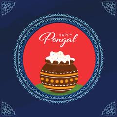 Happy Pongal Celebration Concept With Traditional Dish (Rice) In Mud Pot On Deep Blue Background.