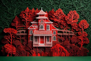Red house made with paper cutting art 
