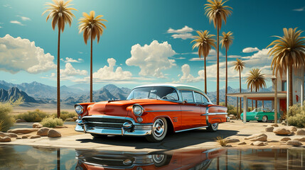 US car from the 50s on the beach in florida - obrazy, fototapety, plakaty