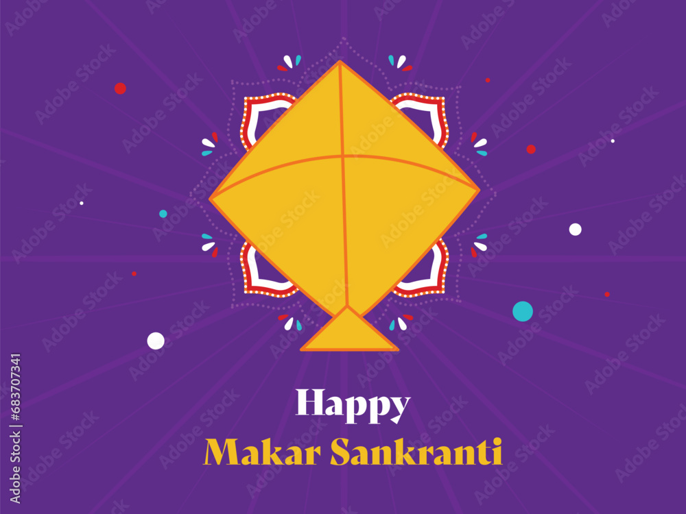 Poster happy makar sankranti concept with a kite on purple rays background.