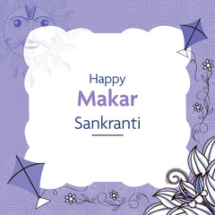 Happy Makar Sankranti Font with Doodle Style Deity Surya Face, Kites, Floral Decorated on White and Purple Background.