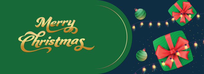 Merry Christmas Header Or Banner Design Decorated with Top View of 3D Gift Boxes, Baubles And Lighting Garlands.