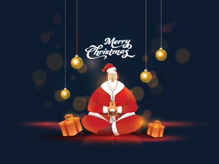 Santa Claus Listen to Music from Headphones by Smartphone with Gift Boxes, Hanging Shiny Golden Baubles on the Occasion of Merry Christmas. - obrazy, fototapety, plakaty