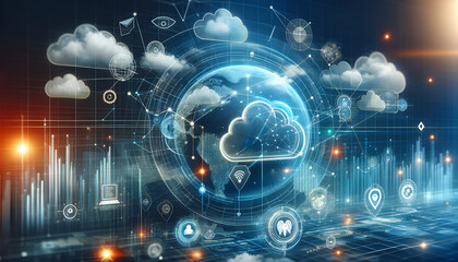  A digital technology background themed on cloud computing, showcasing elements of business intelligence, global network, and data analysis.