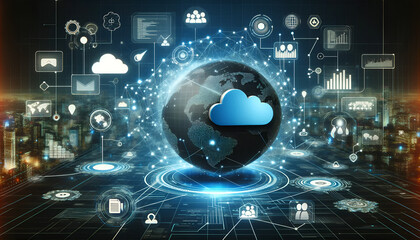 Fototapeta premium A digital technology background themed on cloud computing, showcasing elements of business intelligence, global network, and data analysis.