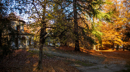 Viewpoint from Sacro Monte to Lake Orta and Isola San Giulio in summer, Piedmont Italy