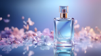 perfume bottle with flowers on blue background