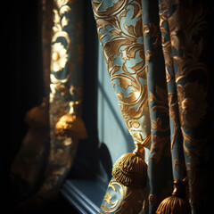 The image captures the exquisite texture and pattern of blue and gold drapery, illuminating its luxurious feel