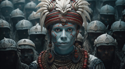 Indigenous tribal leader with traditional headdress and body paint, surrounded by warriors