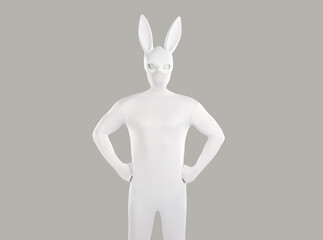 Portrait of faceless unrecognizable person wearing white spandex costume and hare mask with long...