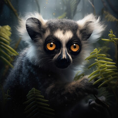 Naklejka premium Highly detailed close-up shot of a ring-tailed lemur with a deep gaze, surrounded by foliage
