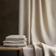 Elegantly folded beige linen fabric stack on a rustic wooden table against draped curtain